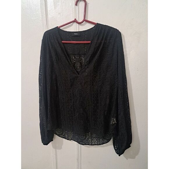 Theory Womens BERNETTA Medium Lace Embroidery Pop Over Top Sheer Blouse Black - Picture 1 of 6